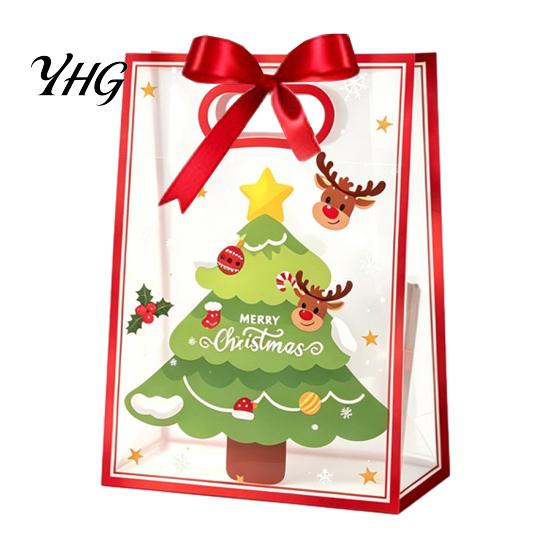 Decorative Candy Bags for Holidays Christmas Gift with Handles, Reusable Clear PP Treat Holiday Party Containers Apples Cookies, Favor Packaging