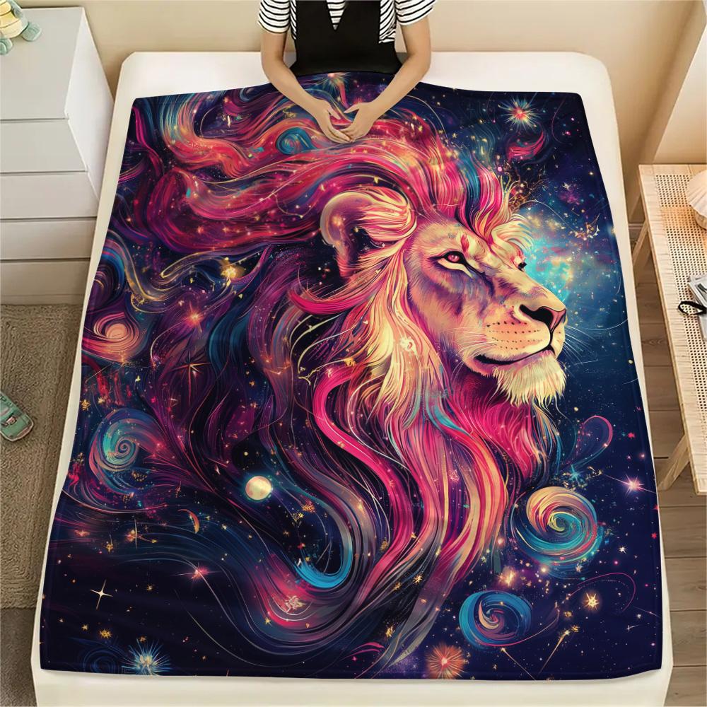 Starry Sky Lion Print Flannel Blanket, High quality Comfortable for All Seasons, Home Decor, Warmth and Comfort