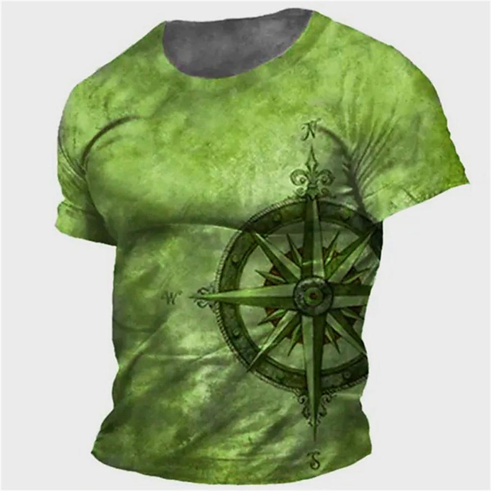 Summer Vintage Compass Graphic Men's T-shirts Breathable Crew Neck Short Sleeve Loose Tops Outdoor Daily Unisex Clothing Apparel