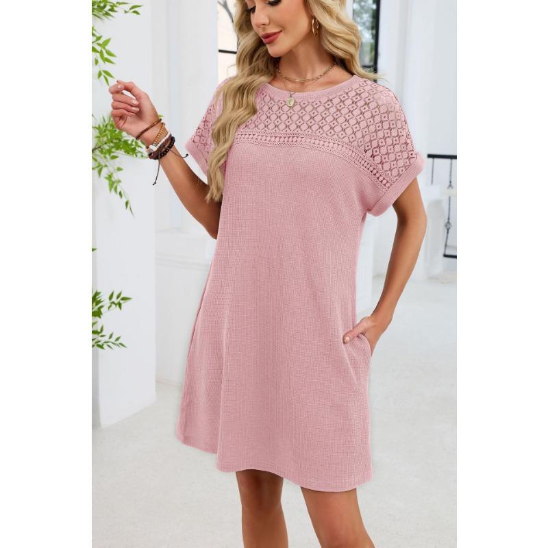 Spring/Summer Lace Splicing Loose Short Sleeve Dress New Solid Color Sweet A-line Dresses Round Neck Elegant Solid Color Casual Simple Party Clothing