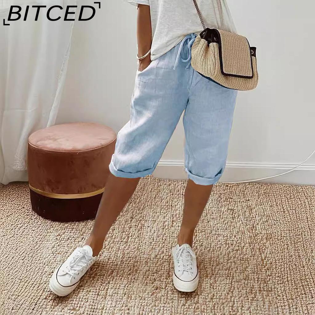 BITCED Women's Cotton & Linen Pocket Elasticated Casual Pants Women's 1/2 Pants