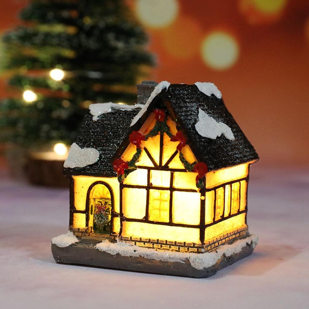 New Year Figurine Mini Miniatures Resin Craft Village House LED Light Christmas Decoration Ornament