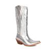 Fashion IPPEUM Silver Metallic Cowboy Boots Knee High Embroider Chunky Heel  Cowgirl Shoes Mid Calf Western Botas Cowboy Mujer