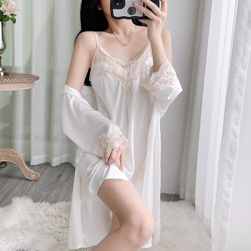 2025 Women's Pure Desire Ice Silk Robe with Lace Trim & Spaghetti Straps, Solid Color, Simple, Chest-Padded Homewear