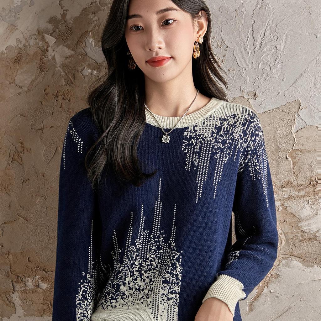 Ethnic Jacquard Crew Neck 100% Cotton Women's Cardigan Sweater - Autumn 2025 Collection