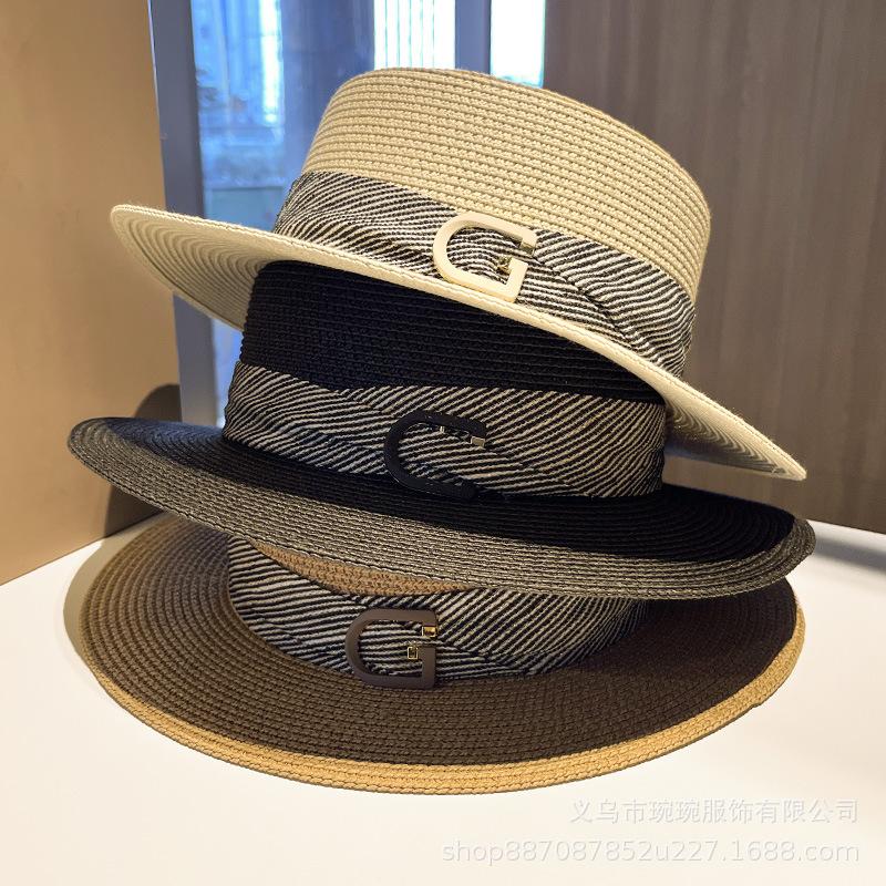 Summer metal letter label webbing straw hat women's face small fashion new sunshade sunscreen flat top top hat