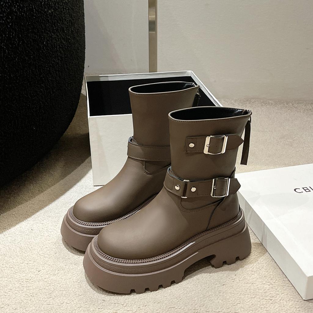 Britischer Stil Retro Plateau Martin Stiefel Damen Herbst 2025 Neu Gürtelschnalle Dicker Absatz Reißverschluss hinten Dünne Kurze Stiefel