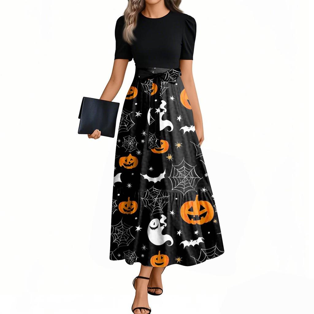 Women's Fashion Casual Belted Short Sleeve Round Neck Halloween Print Elegant Dress