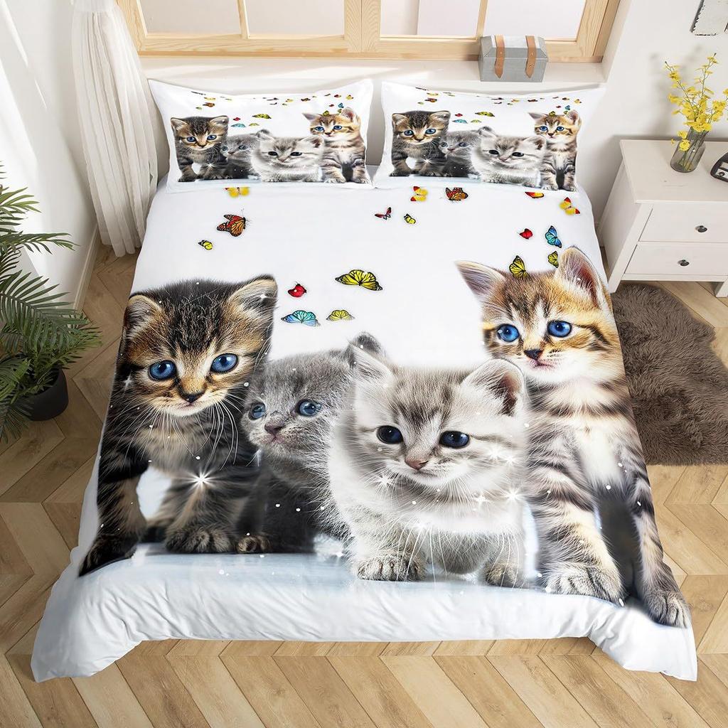 Cute Cat Duvet Cover Bedding Three-Piece Set 3D Animal Digital Printing Quilt Cover