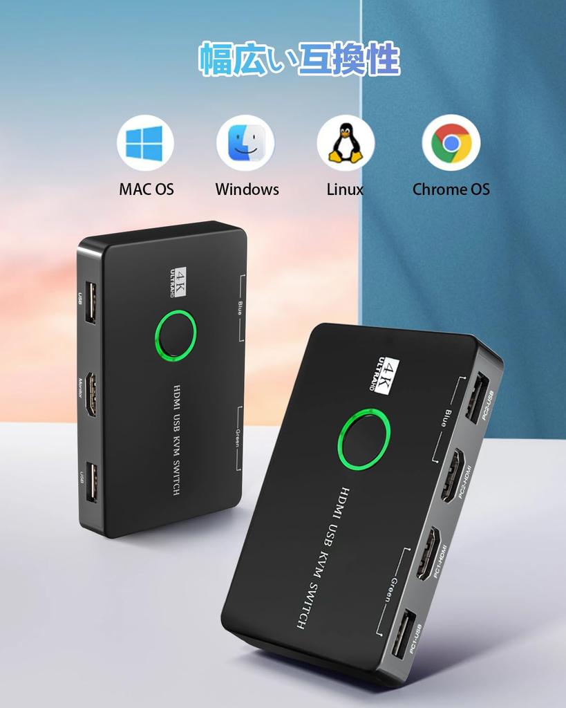 [2026 New Release] AFFLIC HDMI KVM Switch, 2 Inputs, 1 Output, 4K@60Hz Compatible, for 2 PCs and 1 Monitor, Keyboard, Mouse, and Printer Sharing, Stab