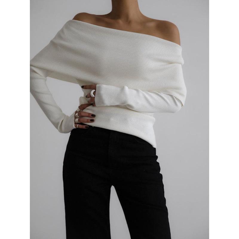 Tooxika Women's Autumn And Winter Long-sleeved Knitted Bottoming Shirt One Shoulder Sexy Slim Shoulder Top