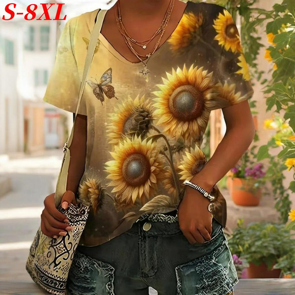 S-8XL Plus Size T-shirt Women's V-neck T-shirt Daily Fashion Short Sleeve Tees Tops Loose Women's Clothing Outdoor T-Shirt
