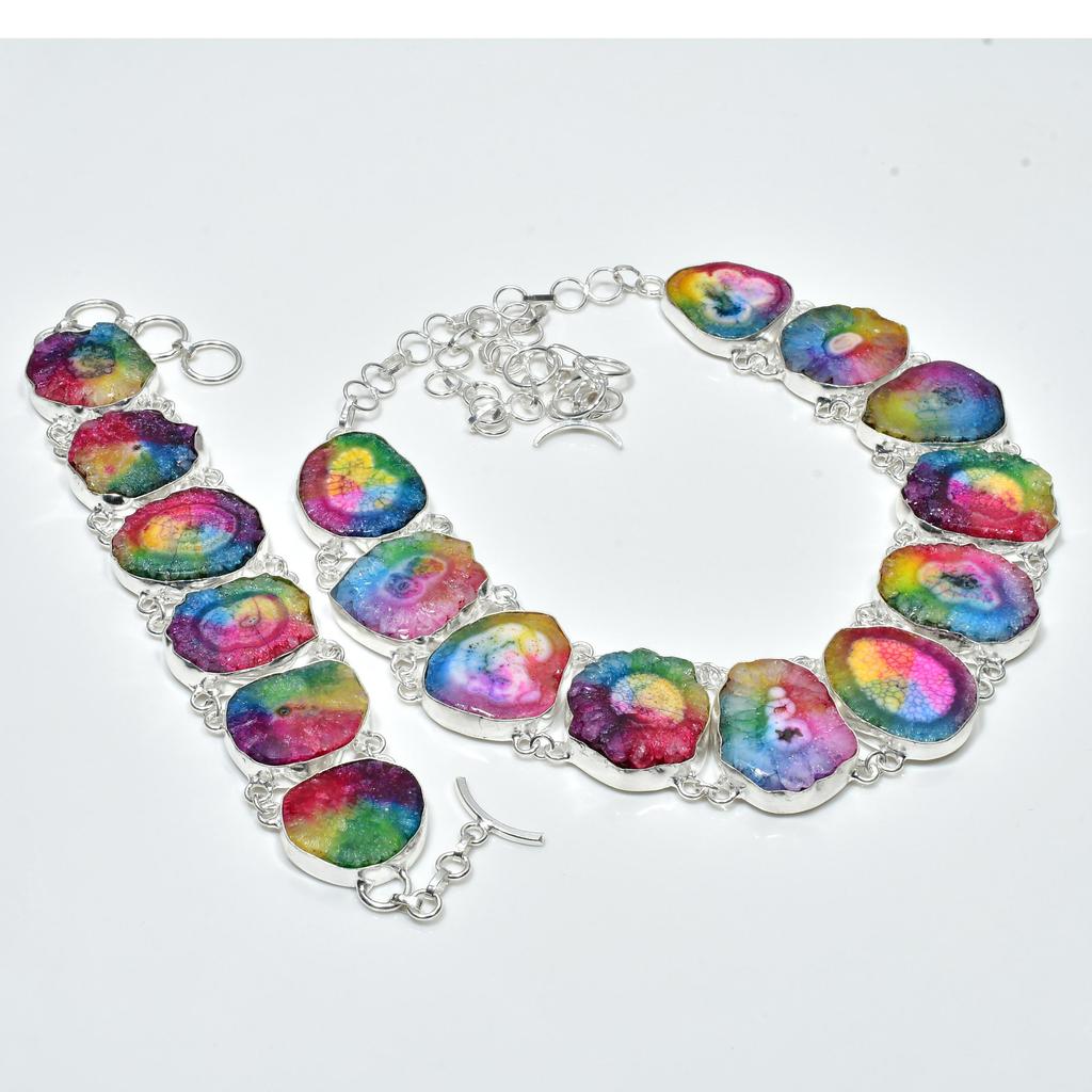 Přírodní duhový solární křemen drahokam Ručně vyrobené šperky ze sterlingového stříbra 925 Duhový solární křemen Náhrdelník Náramek Set, Starožitná šperková sada, Dárek