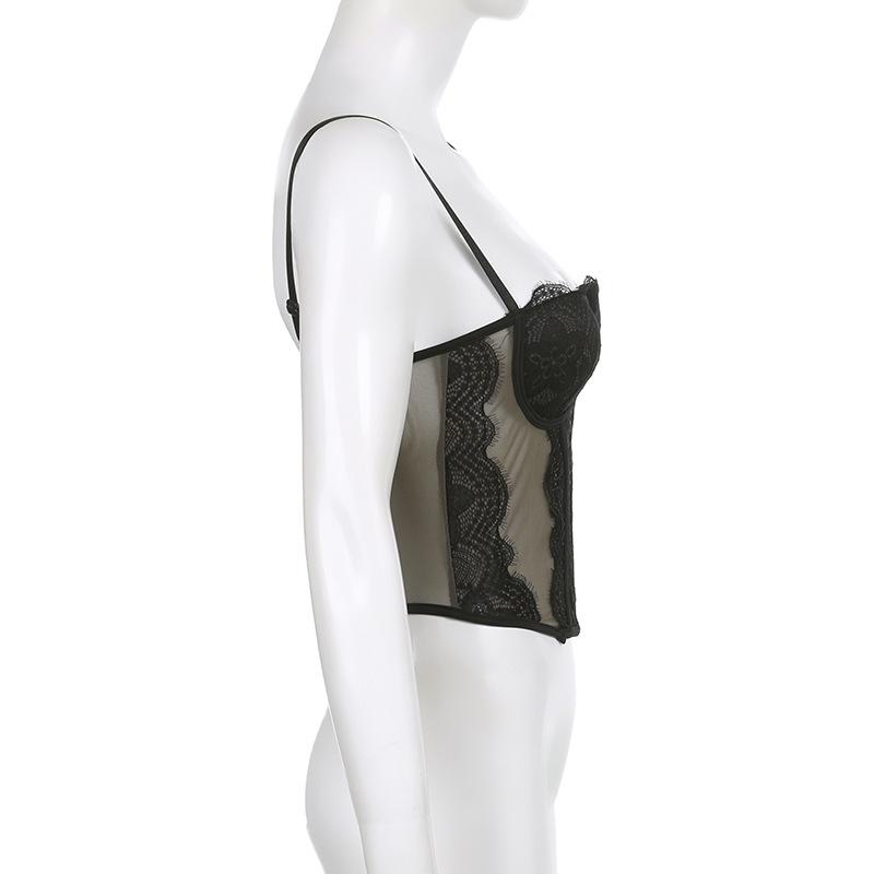 Frauen Spitze Mesh Mesh Spleißen Fisch Knochen Schlank Kleine Weste Freigelegtes Schlüsselbein mit Brust Pad Perspektive Hosenträger Tops