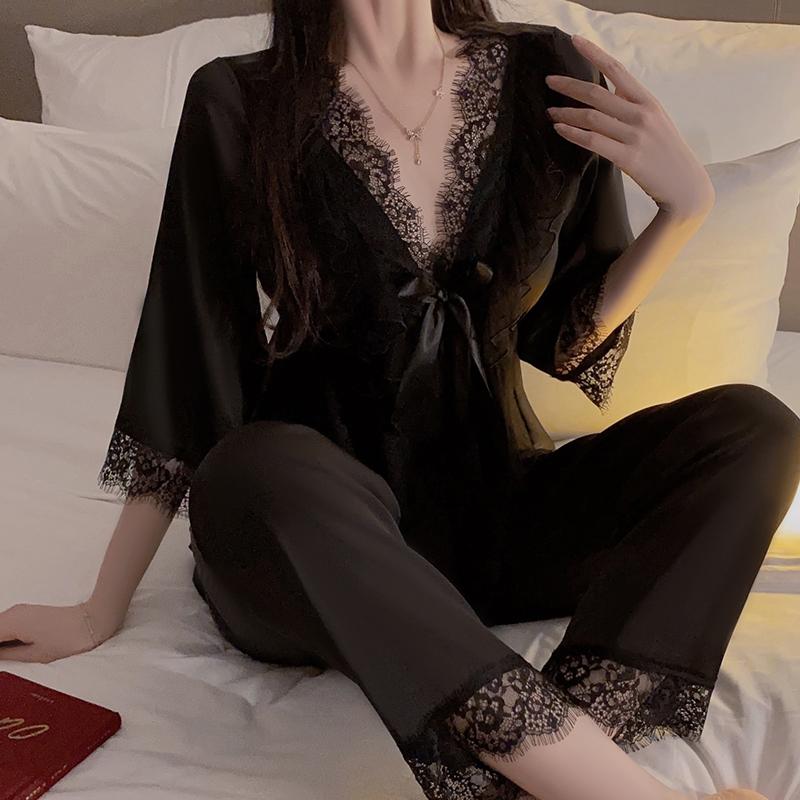 

Женская атласная кружевная пижама с глубоким V-образным вырезом, 2 предмета, утепленная кружевная атласная плиссированная талия, повседневная куртка, пижамный комплект XL