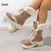 Damen Warme Faux Fur Fleece Gefütterte Faux Wildleder Klobiger Absatz Plateau Schlupfstiefel Schnürung Runde Zehenpartie Mid-Calf Winter Schneestiefel