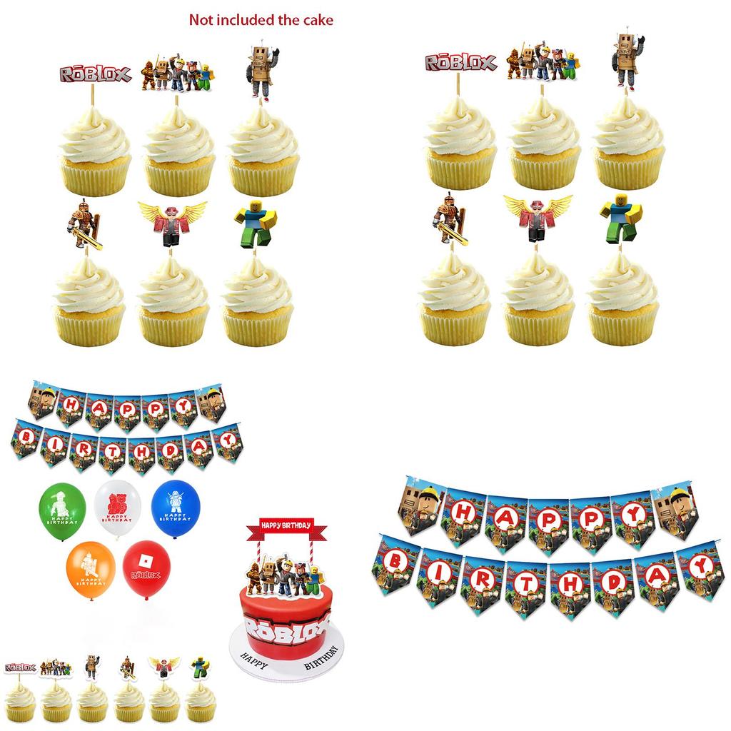 Roblox Geburtstagsfeier Zubehör Set mit lebhaften Banner Luftballons und Kuchenaufsätzen für Kinder