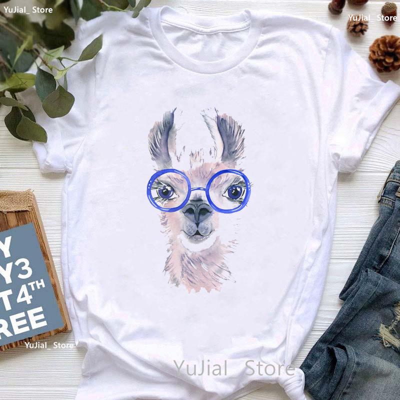 Kawaii Alpaca With Flowers And Coffee Print T Shirt Girls Summer Short Sleeve Tshirt Femme Fashion Tops Tee Shirt Female