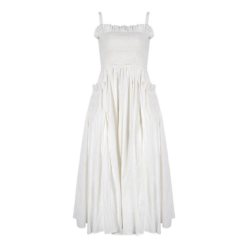 

French Retro White Spaghetti Strap Backless Ruffled Slimming Maxi Dress Large білий