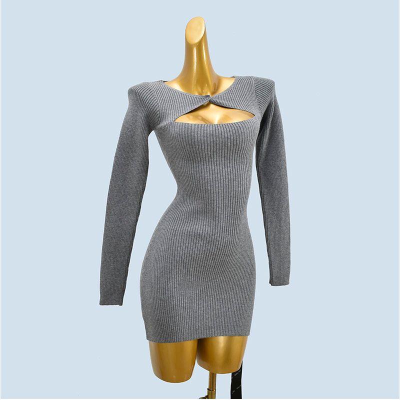 

Stylish Cut Out Knitting Dress Women s Autumn New Arrival Base Ride Bodycon Dress Waist-Tight Slim Looking Short Skirt Gray One size