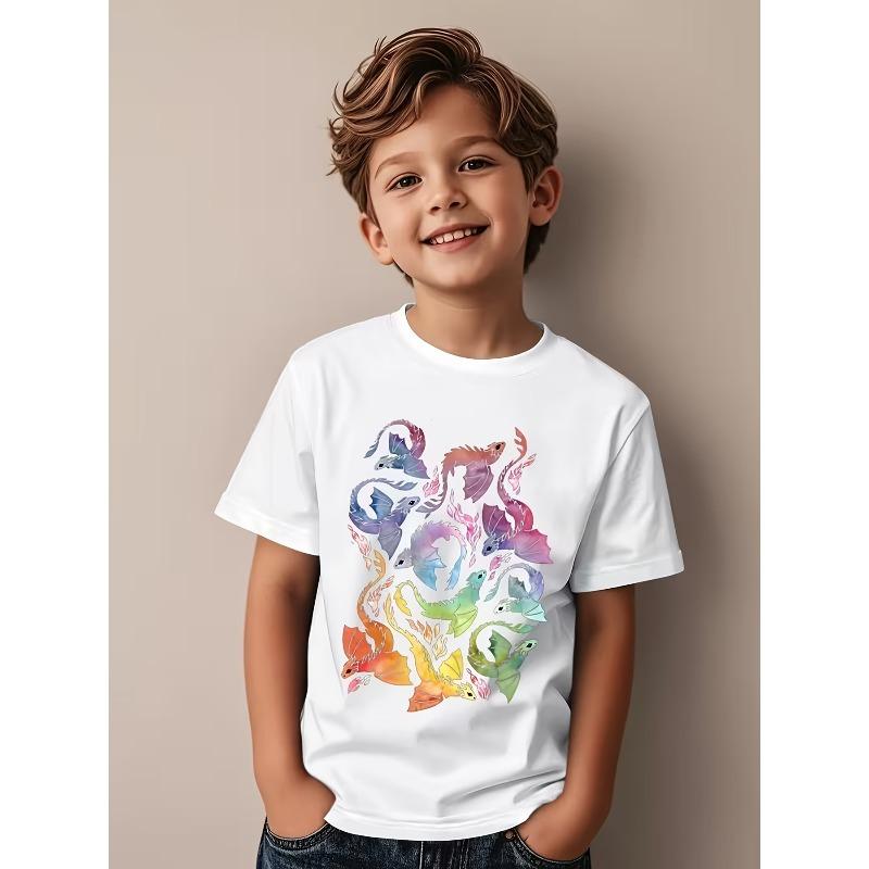 European sizes Dragon Fire Dark Rainbow Boys and Girls Short-Sleeve T-Shirt - Featuring a Colorful Dragon and Rainbow Pattern, Casual Crew Neck 110 белый