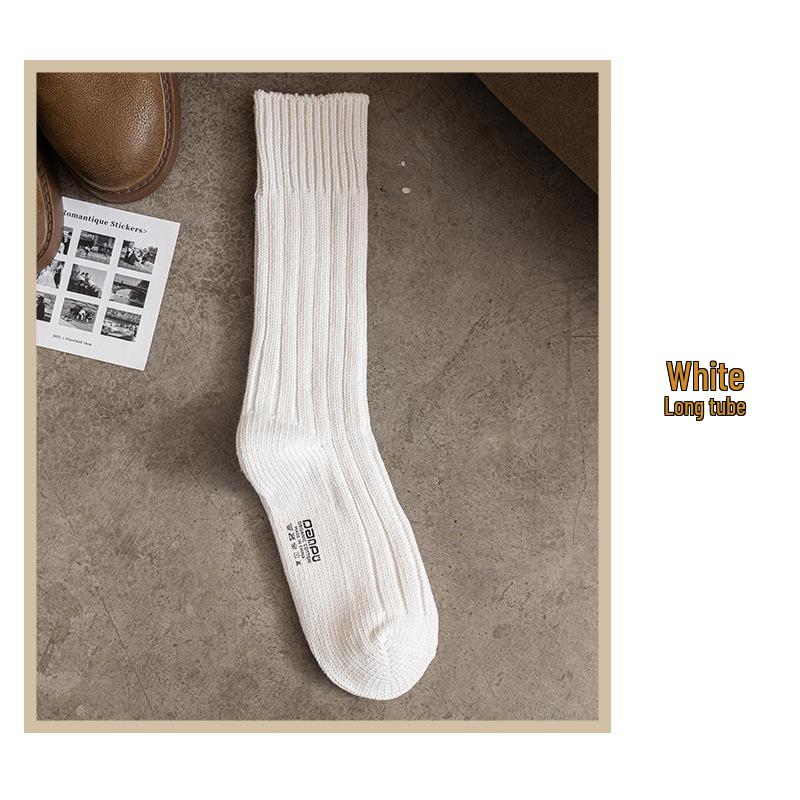 Japanese Style Thick Knit Cotton Socks - Ecru, Breathable, Mid-Calf, Unisex
