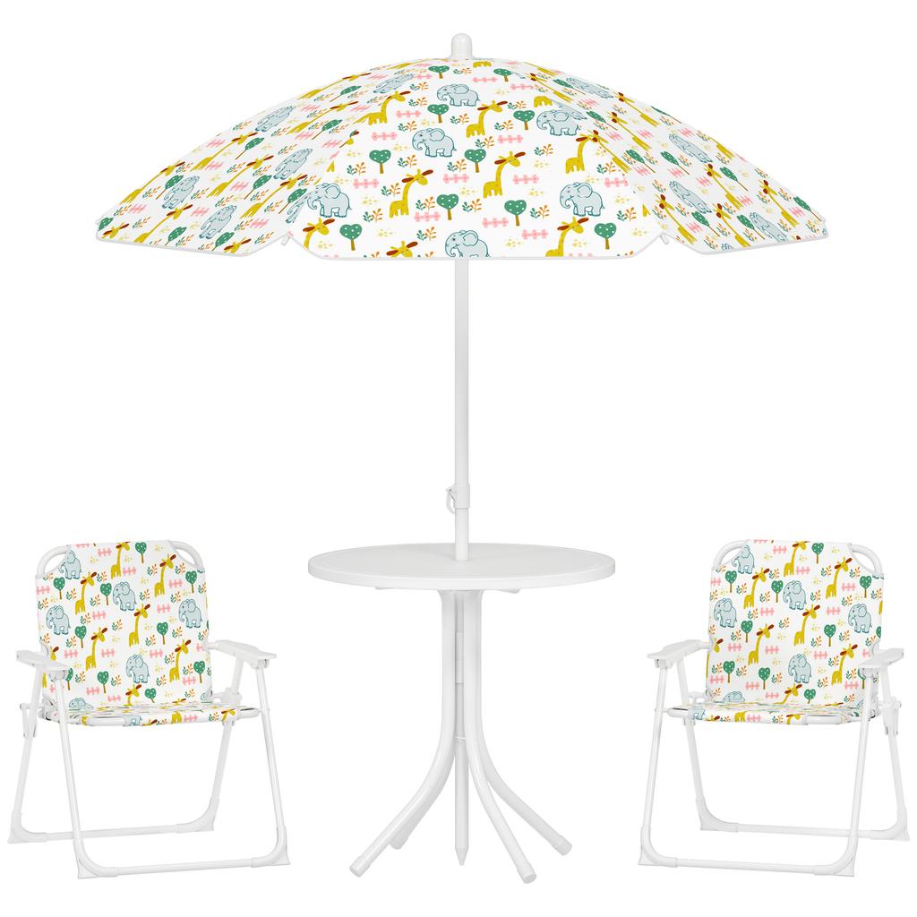 Children's 4-piece outdoor garden furniture set, elephant and giraffe design, adjustable parasol ? 100 cm, folding chair