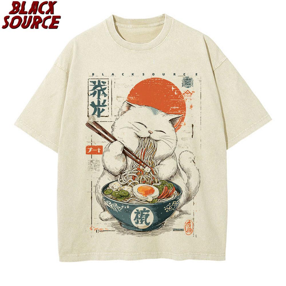 

Милые футболки с раменом для мужчин Японская футболка с кошкой Летние хлопковые футболки с коротким рукавом и принтом Унисекс Одежда Мультфильм S