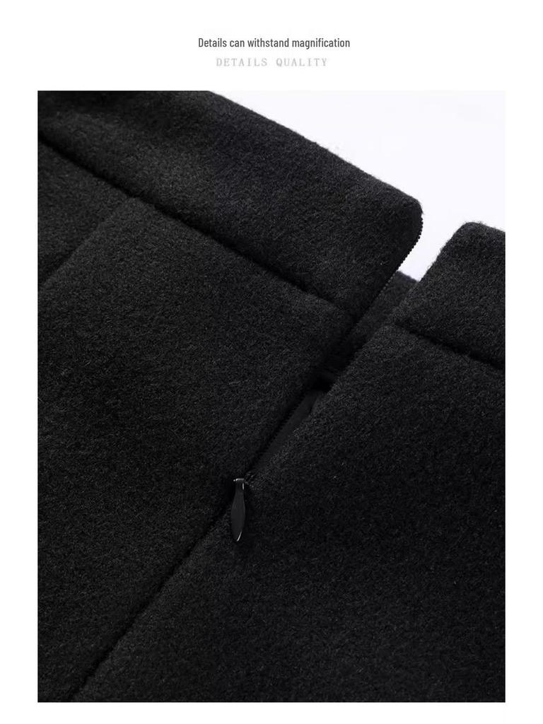High-Waisted Woolen A-Line Midi Skirt: Simple, Slimming, Versatile, Wrinkle-Resistant with Back Slit, Perfect for Autumn and Winter.
