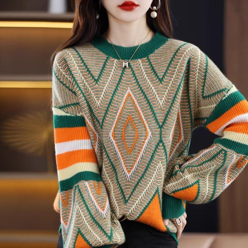 

2025 Fall and Winter New Arrival Knitwear Female Thickened round Neck Sweater Fashion Loose Contrast Color Jacquard and Fleece Lining Thickened Base Green M
