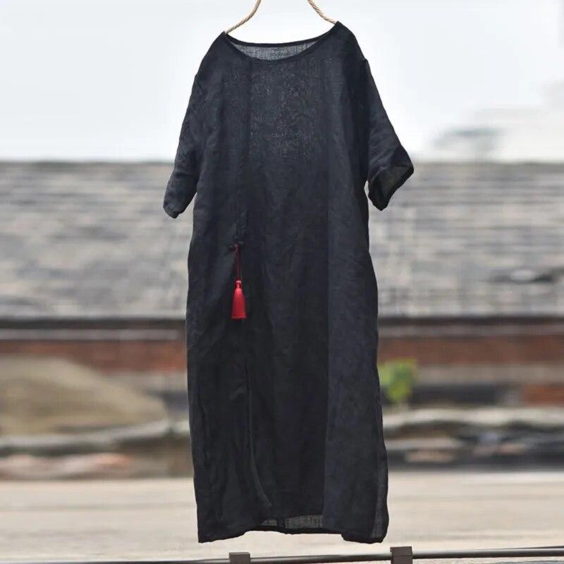 Johnature Women Pullover T-Shirts Solid Color O-Neck Summer Vintage Tees Loose Women Short Sleeve Long T-Shirts