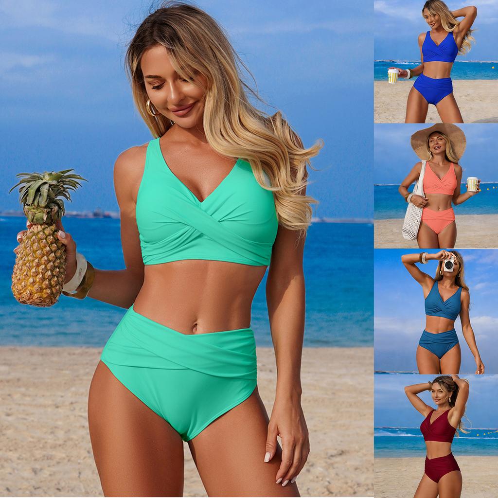 Women’s Summer Solid Color Bathing Suit Sexy Bikini Swimsuit, Two-Piece High-Waist Swimwear Set