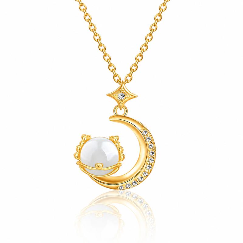 Cute Dragon Moon Pendant Necklace Gold Plated Opal & CZ Inlaid Crescent Moon Pendant Jewelry Gift for Women Daily Party Wear J0249