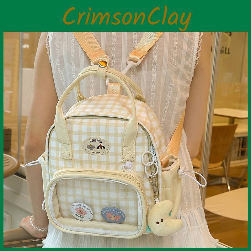 Backpack Plaid Printed With Transparent Compartments And Cartoon Animal Decor