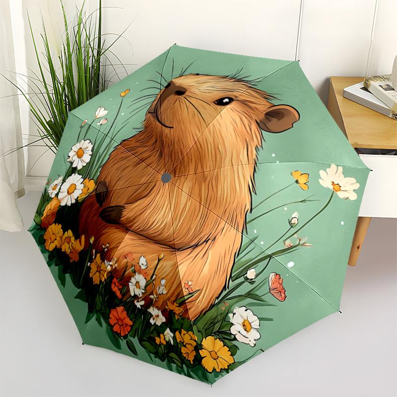 

1pc Capybara Flowers Automatic Open/Close Folding Umbrella - Compact 8-Rib Design, Daily Use, Perfect Gift for Friends & Family yy260327059