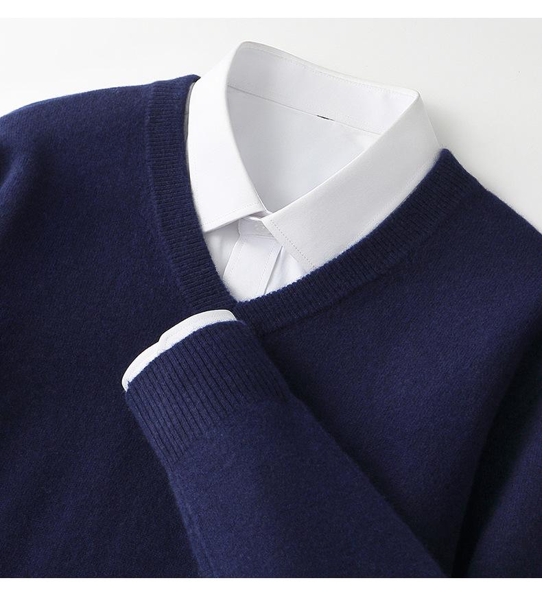 Men's V-Neck 100% Pure Wool Sweater - Solid Color, Short/Long Sleeve, Cashmere Knit Base Layer for Autumn/Winter