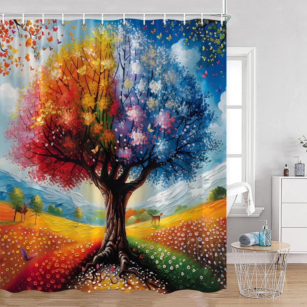 Jahreszeiten Baum Ölgemälde Duschvorhänge Fantasy Baum Wald Bunt Aquarell Blätter Badezimmervorhang Polyester Badezimmerdeko
