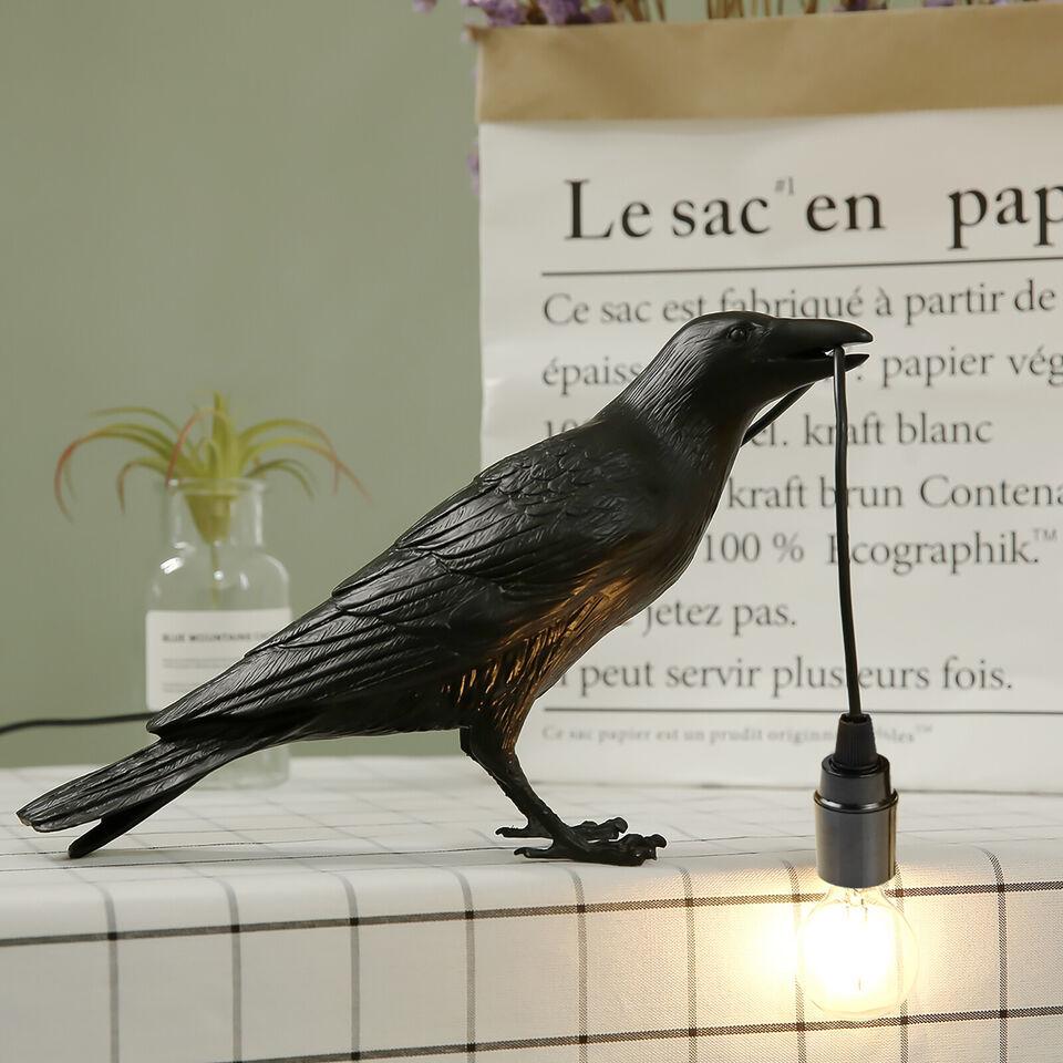 E14 Bulb with Plug Gothic Raven Lamp Vintage Resin Bird Lamp for Nightstand, Office, Living Room Farmhouse Art Deco Style