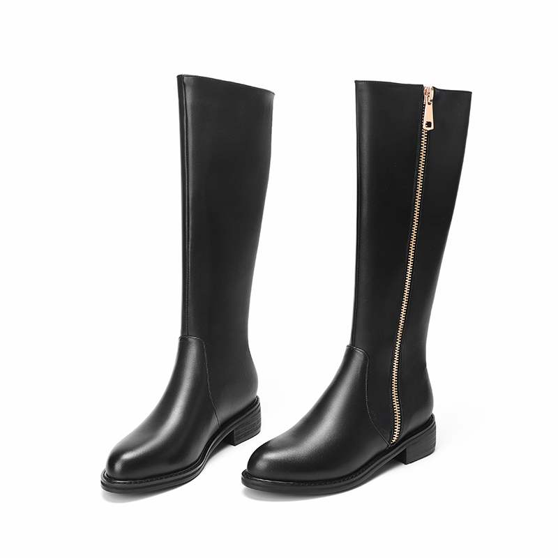 Krazing Pot Cow Leather Autumn Winter Shoes Thick Med Heels Big Size 45 Size 44 Zipper Decoration Concise Style Women Keep Warm Knee Boots