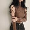 Spice Girl Off-Shoulder High Neck Pile Neck Short Skinny Long Sleeve T-Shirt Women's Slim Sexy Navel Hollow Chic Top