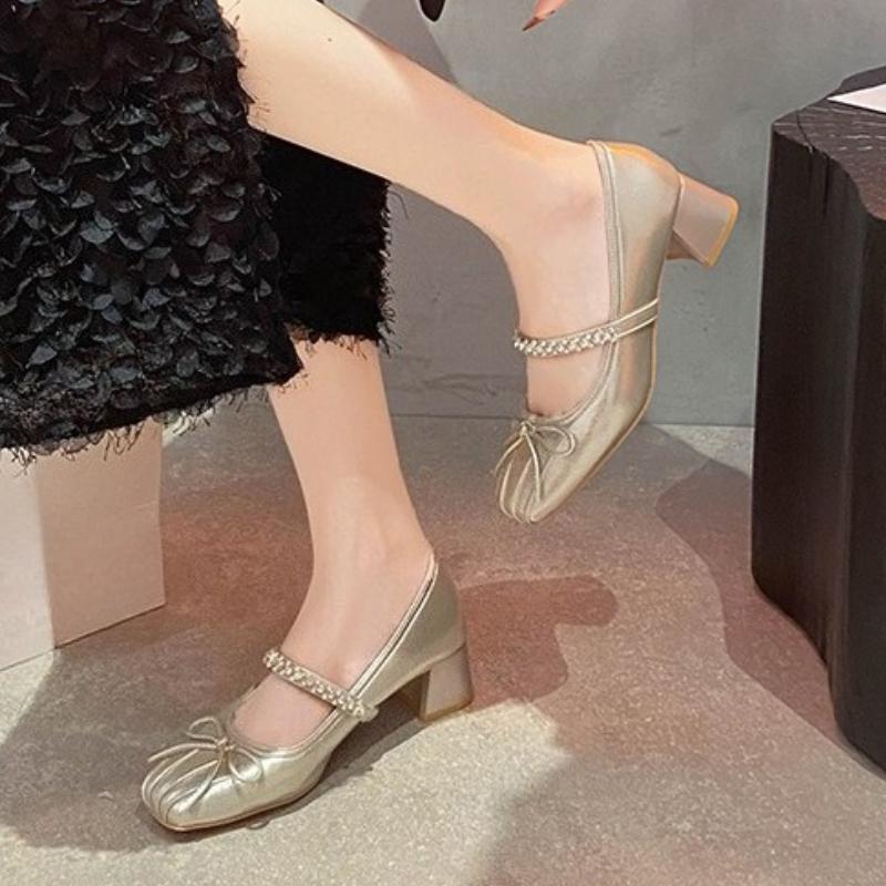 Fashion 2025 New Heel Women's Ivory  Leather Square Toe Mid Block Heel Mary Jane Strap Shoes  Bow Knot Buckle Casual Retro Fashion
