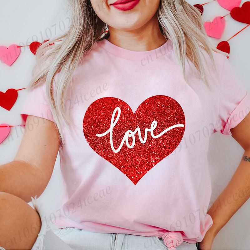 Women's T-Shirts Clothing Valentine Leopard Love Heart Print Tees Breathable Tshirt Loose T-Shirts Harajuku Casual Short Sleeve