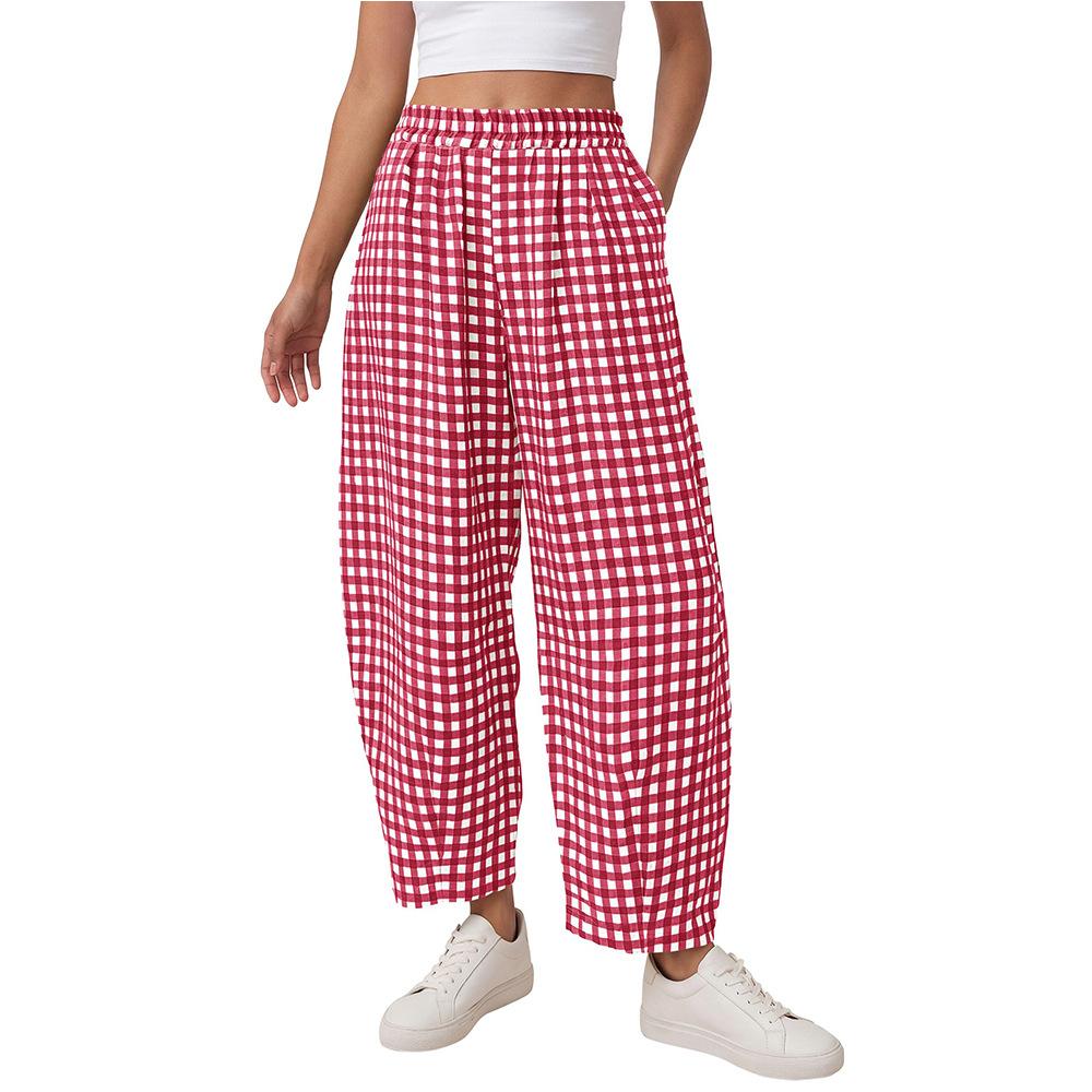 Women Plaid High Waist Loose Cropped Lantern Wide Leg Casual Pants