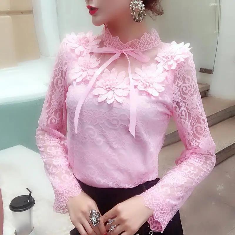 Temperament Lace Bottoming Shirt Women's Autumn and Spring Sweet Stand-up Collar Flowers Sexy Hollow Mesh Top