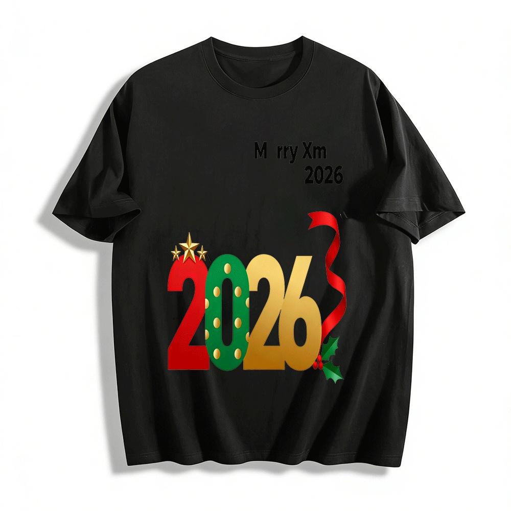 2026 Christmas New Year Print Casual Festive Vibe Top Pure cotton T-shirt XXS