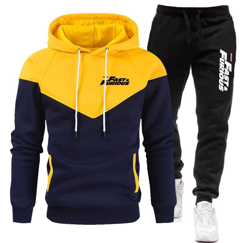 2025 Men's Stylish Three-Color Patchwork Fleece Hoodie Set