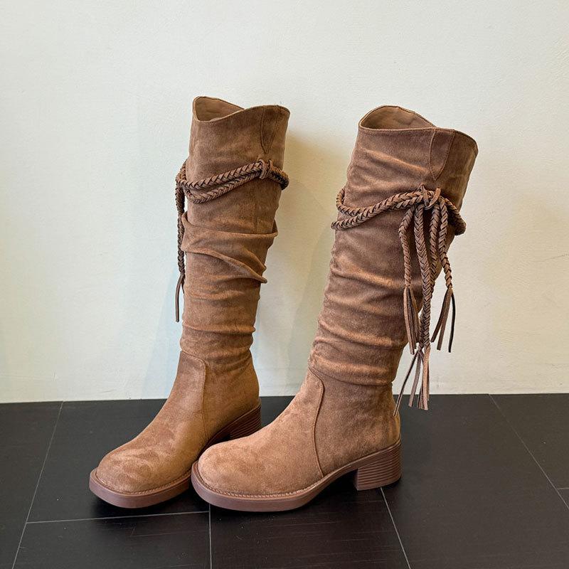 

Coarse heel fringed boots Maillard boots children s new spring and autumn western cowboy stack boots tall knight boots 40 коричневый