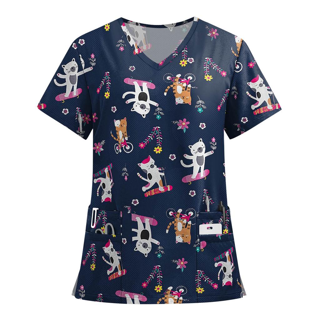 Women's Fashion Printed Short Sleeve V Neck Pattern Tops Pocket Working T-shirts
