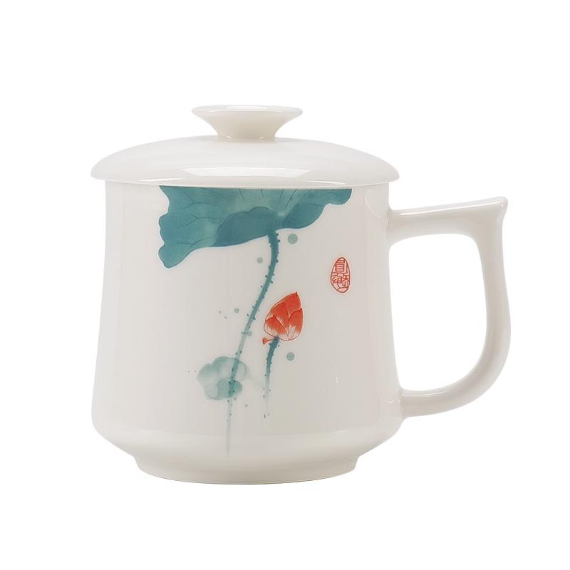 Jade Conference Sheep Fat Porcelain Tea Cup with Lid – White Ceramic Mug for Home and Office, Ideal Gift