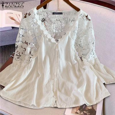 Women Autumn V-Neck Long Sleeve Solid Color Lace Floral Blouses